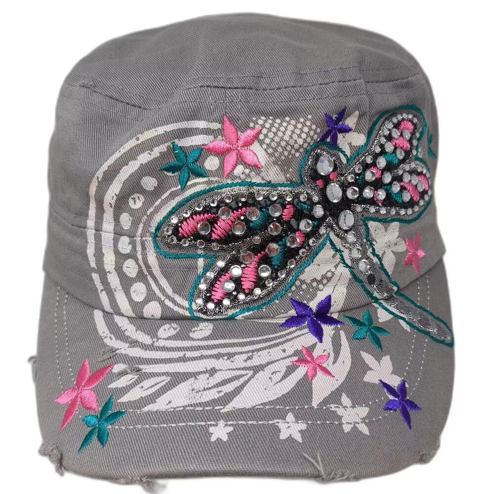 Leader Army Cap Gray Pink OS Hat Rhinestone Dragonfly Embroidered Slideback